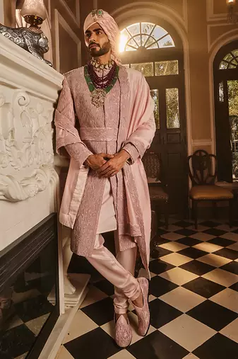 Crepe pink raw silk embroidered sherwani