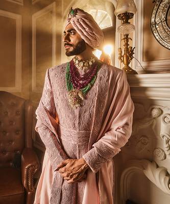 Crepe pink raw silk embroidered sherwani 5