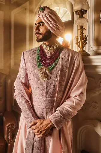 Crepe pink raw silk embroidered sherwani