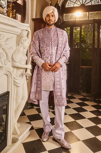 Lilac ombre chanderi embroidered sherwani