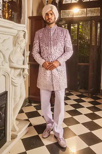 Lilac ombre chanderi embroidered sherwani