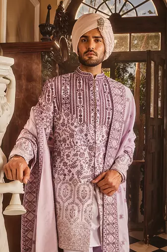 Lilac ombre chanderi embroidered sherwani