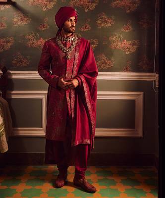 Wine pitta moti silk embroidered sherwani 1