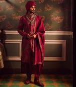 Wine pitta moti silk embroidered sherwani