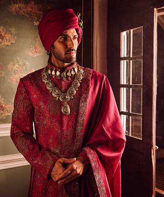 Wine pitta moti silk embroidered sherwani 2
