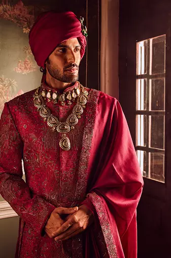 Wine pitta moti silk embroidered sherwani