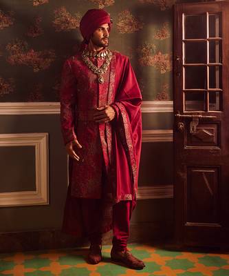 Wine pitta moti silk embroidered sherwani 3