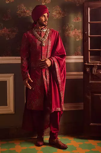 Wine pitta moti silk embroidered sherwani