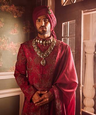 Wine pitta moti silk embroidered sherwani 4