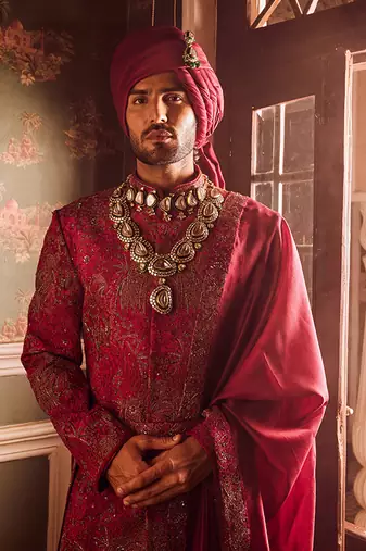 Wine pitta moti silk embroidered sherwani