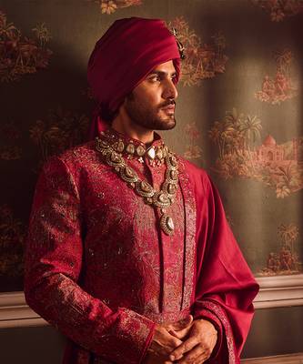 Wine pitta moti silk embroidered sherwani 5