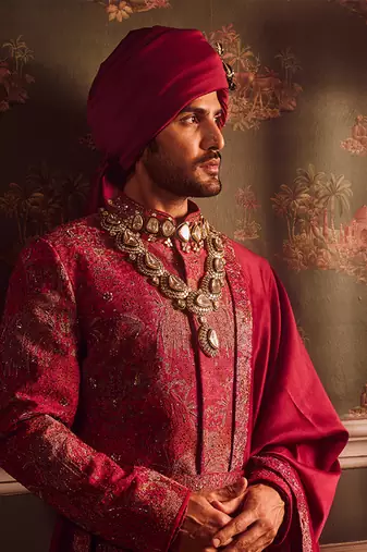 Wine pitta moti silk embroidered sherwani