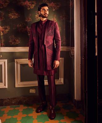 Maroon chanderi pintuck cutdana open indowestern 1