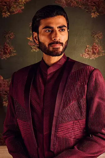 Maroon chanderi pintuck cutdana open indowestern