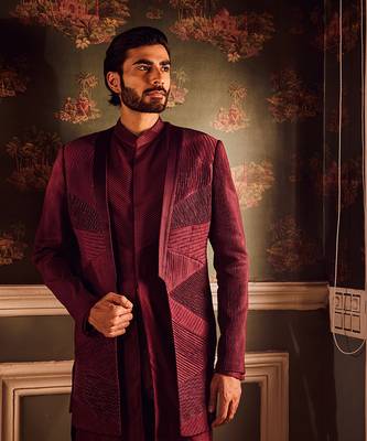 Maroon chanderi pintuck cutdana open indowestern 3