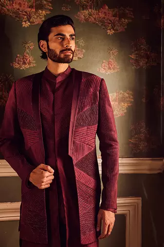 Maroon chanderi pintuck cutdana open indowestern