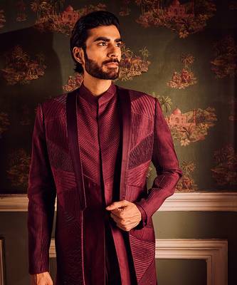 Maroon chanderi pintuck cutdana open indowestern 4