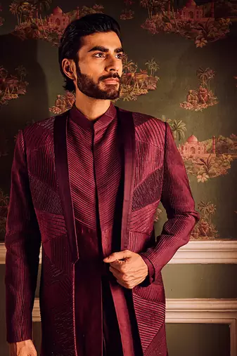 Maroon chanderi pintuck cutdana open indowestern