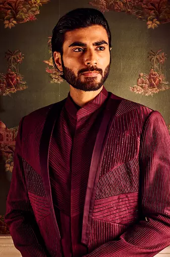 Maroon chanderi pintuck cutdana open indowestern