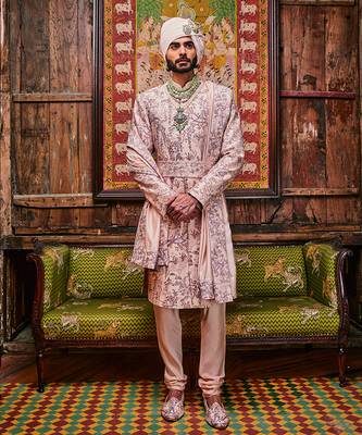 Peach chanderi moti embroidered sherwani 1