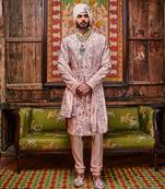 Peach chanderi moti embroidered sherwani