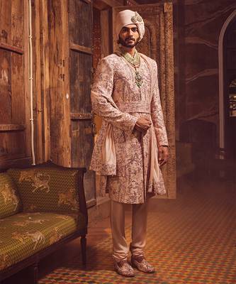 Peach chanderi moti embroidered sherwani 2