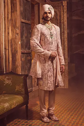Peach chanderi moti embroidered sherwani