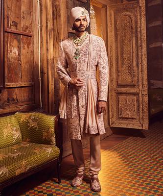 Peach chanderi moti embroidered sherwani 3