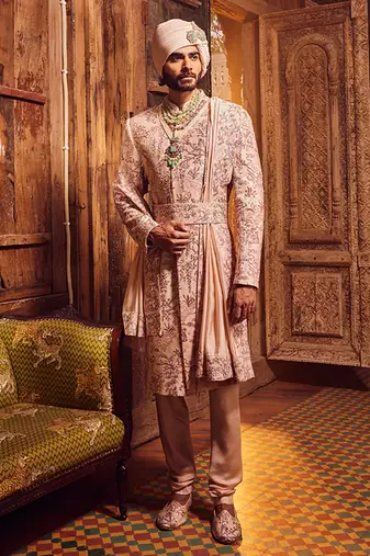 Peach chanderi moti embroidered sherwani