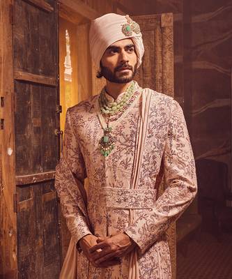 Peach chanderi moti embroidered sherwani 4