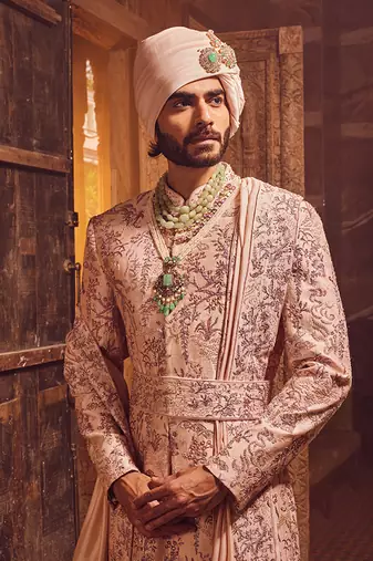 Peach chanderi moti embroidered sherwani