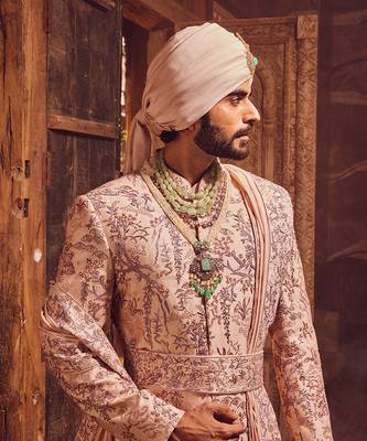 Peach chanderi moti embroidered sherwani 5