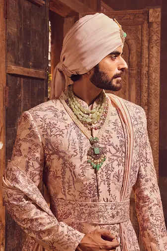 Peach chanderi moti embroidered sherwani