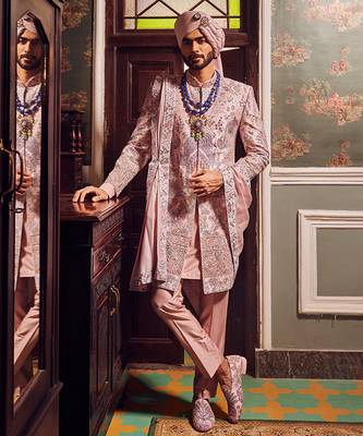 Raw silk pink panel embroidered sherwani 1