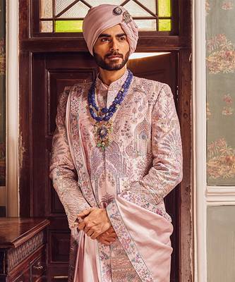 Raw silk pink panel embroidered sherwani 2