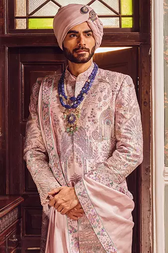 Raw silk pink panel embroidered sherwani