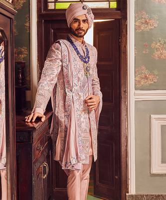 Raw silk pink panel embroidered sherwani 3