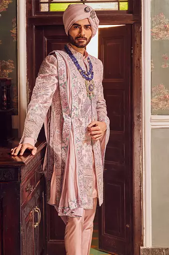 Raw silk pink panel embroidered sherwani
