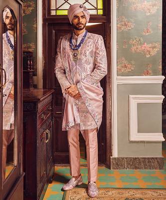 Raw silk pink panel embroidered sherwani 4