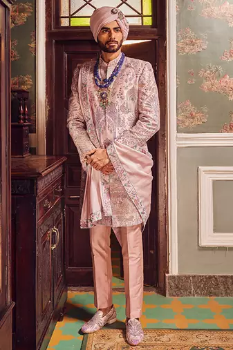Raw silk pink panel embroidered sherwani