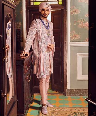 Raw silk pink panel embroidered sherwani 5