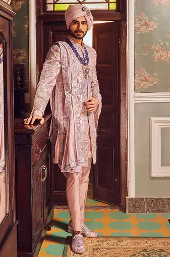 Raw silk pink panel embroidered sherwani