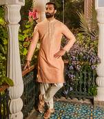 Peach chanderi dori and mirror embroidered kurta set