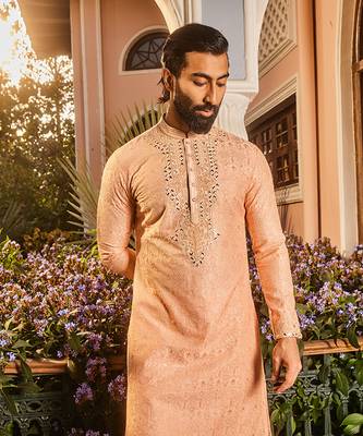 Peach chanderi dori and mirror embroidered kurta set 2
