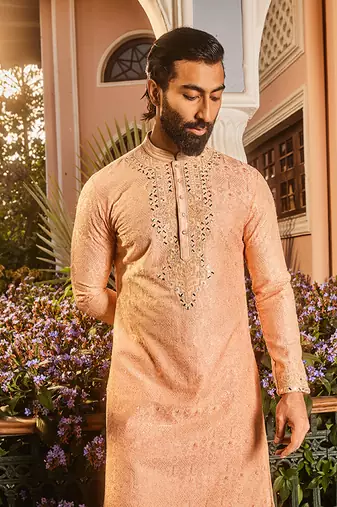 Peach chanderi dori and mirror embroidered kurta set