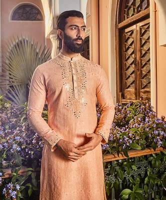 Peach chanderi dori and mirror embroidered kurta set 3