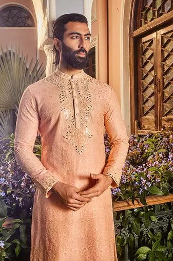 Peach chanderi dori and mirror embroidered kurta set