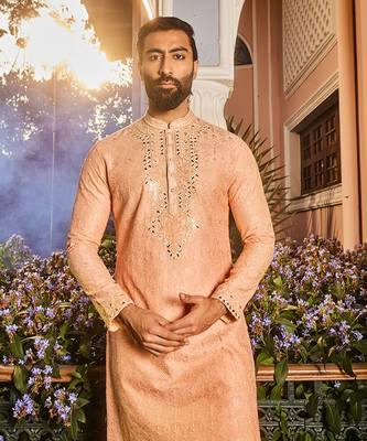 Peach chanderi dori and mirror embroidered kurta set 4