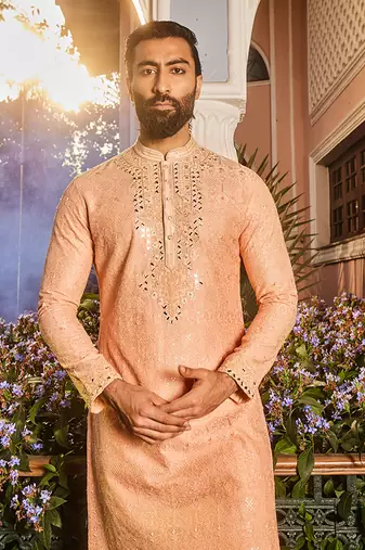 Peach chanderi dori and mirror embroidered kurta set
