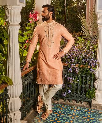 Peach chanderi dori and mirror embroidered kurta set 5